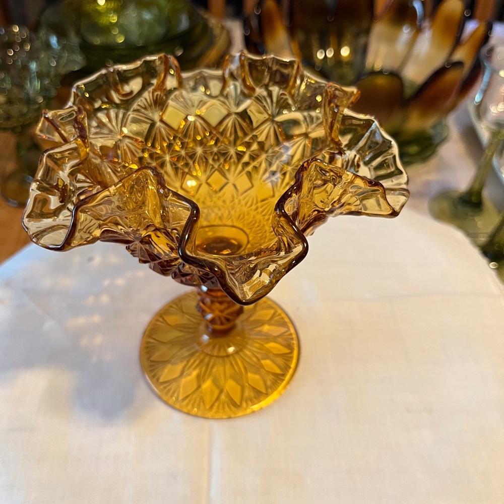 Vintage Fenton Honey Amber Compote Ruffled Edge Diamond Pattern Candy Dish